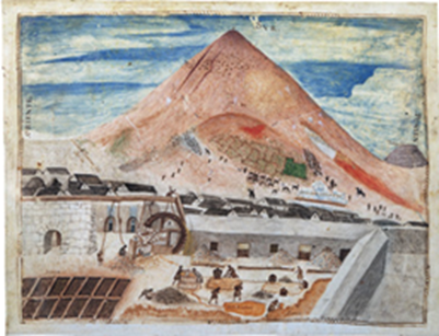 Depiction Of The Potosí Silver Mine, c. 1585, with a mountain in the background, and stick-figure workers